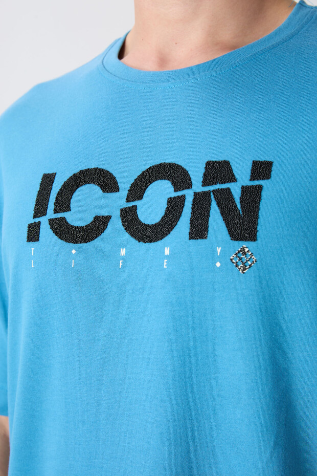 Petrol Mavi Pamuklu Kalın Yumuşak Dokulu Oversize Fit Baskılı Erkek T-Shirt - 88331 - 3