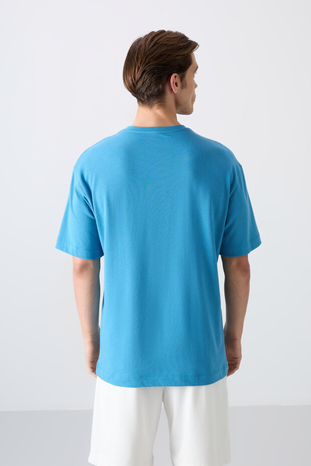 Petrol Mavi Pamuklu Kalın Yumuşak Dokulu Oversize Fit Baskılı Erkek T-Shirt - 88331 - 5