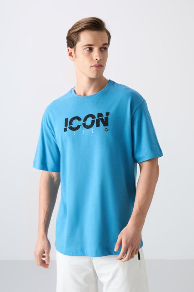 Petrol Mavi Pamuklu Kalın Yumuşak Dokulu Oversize Fit Baskılı Erkek T-Shirt - 88331 - 4