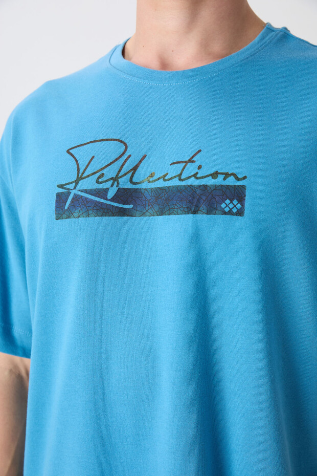Petrol Mavi Pamuklu Kalın Yumuşak Dokulu Oversize Fit Baskılı Erkek T-Shirt - 88334 - 3