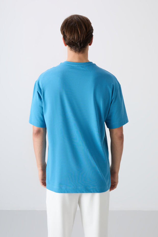 Petrol Mavi Pamuklu Kalın Yumuşak Dokulu Oversize Fit Baskılı Erkek T-Shirt - 88334 - 5
