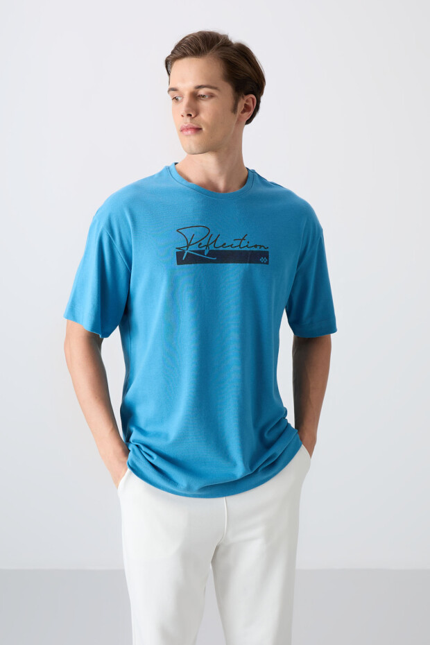 Petrol Mavi Pamuklu Kalın Yumuşak Dokulu Oversize Fit Baskılı Erkek T-Shirt - 88334 - 4