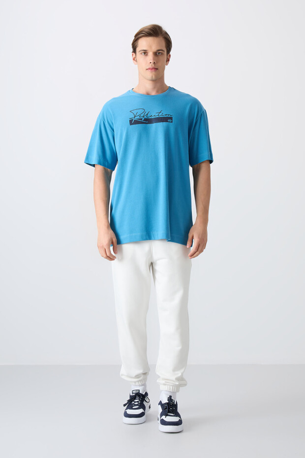 Petrol Mavi Pamuklu Kalın Yumuşak Dokulu Oversize Fit Baskılı Erkek T-Shirt - 88334