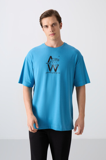 Petrol Mavi Pamuklu Kalın Yumuşak Dokulu Oversize Fit Baskılı Erkek T-Shirt - 88332 