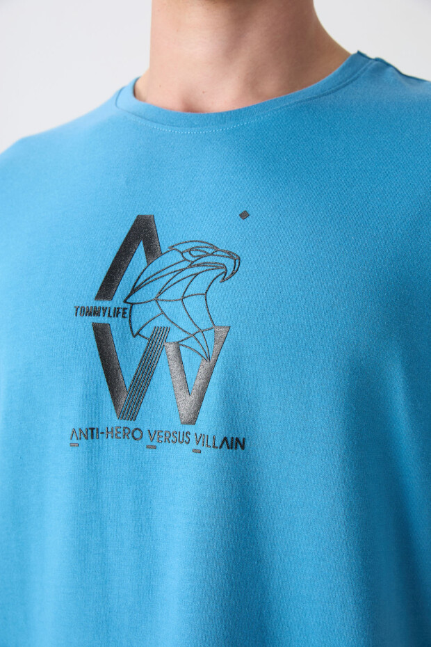 Petrol Mavi Pamuklu Kalın Yumuşak Dokulu Oversize Fit Baskılı Erkek T-Shirt - 88332 - 3