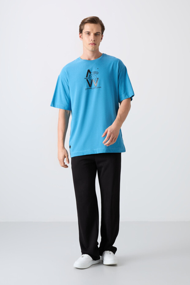 Petrol Mavi Pamuklu Kalın Yumuşak Dokulu Oversize Fit Baskılı Erkek T-Shirt - 88332