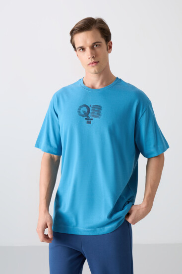 Petrol Mavi Pamuklu Kalın Yumuşak Dokulu Oversize Fit Baskılı Erkek T-Shirt - 88333 