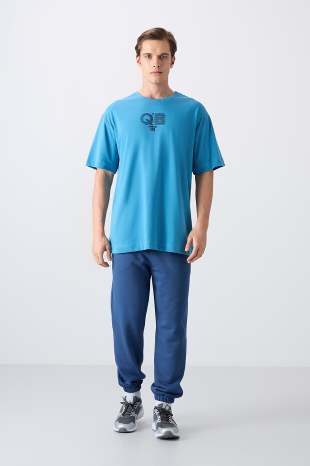 Petrol Mavi Pamuklu Kalın Yumuşak Dokulu Oversize Fit Baskılı Erkek T-Shirt - 88333