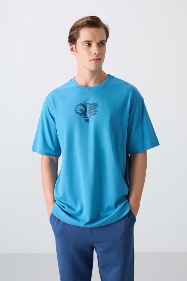 Petrol Mavi Pamuklu Kalın Yumuşak Dokulu Oversize Fit Baskılı Erkek T-Shirt - 88333