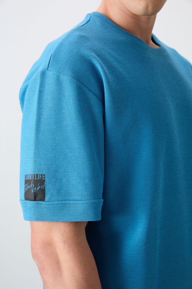 Petrol Mavi Pamuklu Kalın Yüzeyi Dokulu Oversize Fit Basic Erkek T-Shirt - 88339