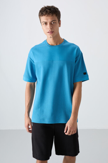 Petrol Mavi Pamuklu Kalın Yüzeyi Dokulu Oversize Fit Basic Erkek T-Shirt - 88340 