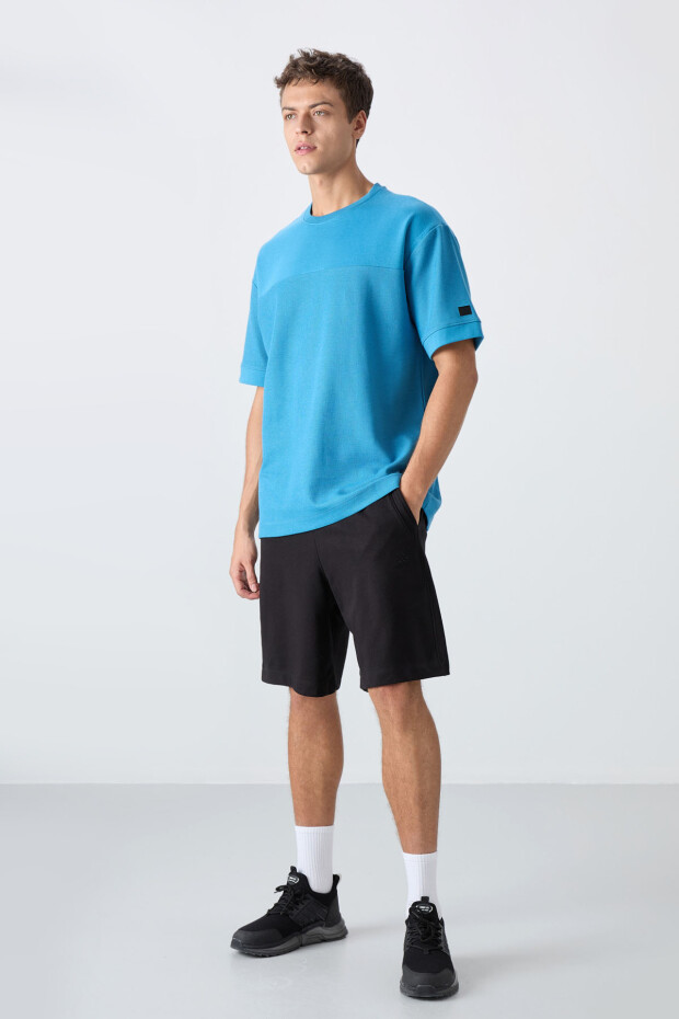 Petrol Mavi Pamuklu Kalın Yüzeyi Dokulu Oversize Fit Basic Erkek T-Shirt - 88340