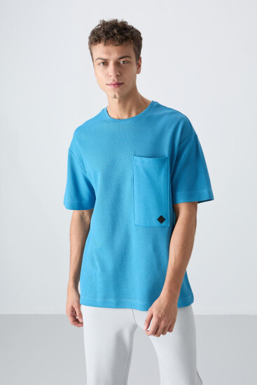 Petrol Mavi Pamuklu Kalın Yüzeyi Dokulu Oversize Fit Basic Erkek T-Shirt - 88341 