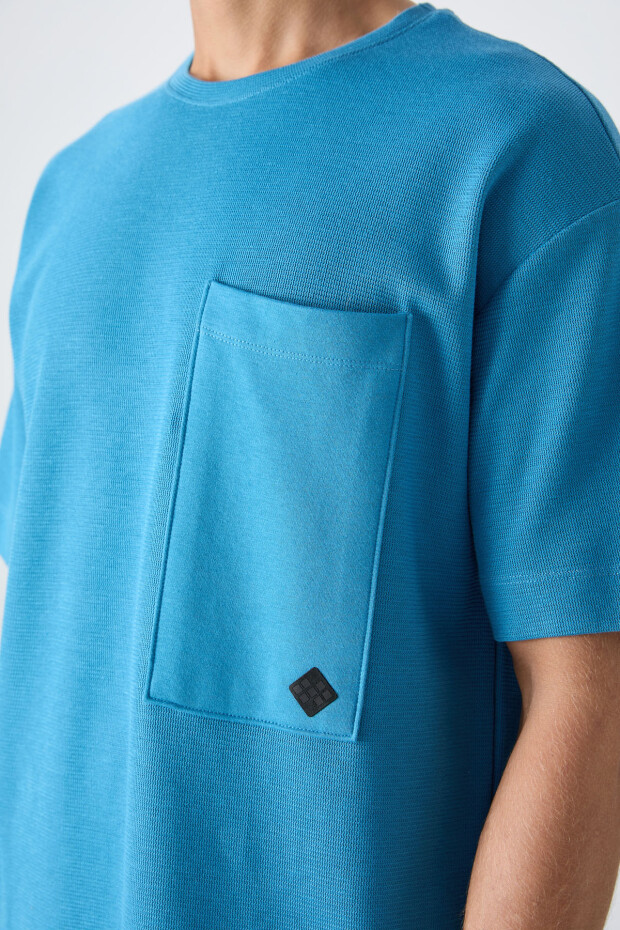Petrol Mavi Pamuklu Kalın Yüzeyi Dokulu Oversize Fit Basic Erkek T-Shirt - 88341