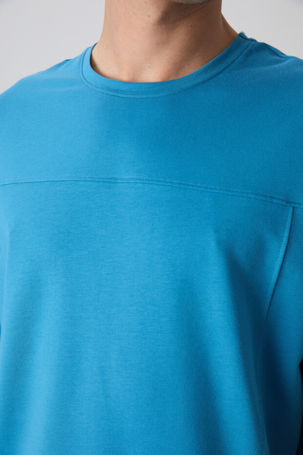 Petrol Mavi Pamuklu Kalın Yumuşak Dokulu Oversize Fit Basic Erkek T-Shirt - 88349