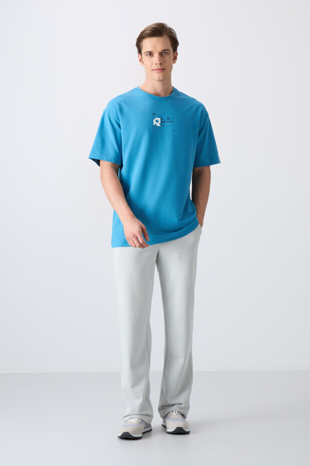 Petrol Mavi Pamuklu Kalın Yumuşak Dokulu Oversize Fit Baskılı Erkek T-Shirt - 88350