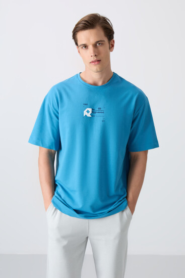 Petrol Mavi Pamuklu Kalın Yumuşak Dokulu Oversize Fit Baskılı Erkek T-Shirt - 88350 