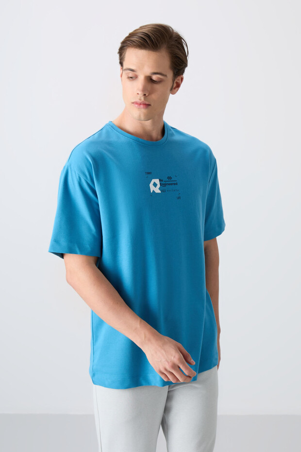 Petrol Mavi Pamuklu Kalın Yumuşak Dokulu Oversize Fit Baskılı Erkek T-Shirt - 88350