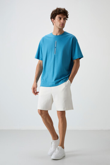 Petrol Mavi Pamuklu Kalın Yüzeyi Dokulu Oversize Fit Baskılı Erkek T-Shirt - 88366 - Air Jones (1)