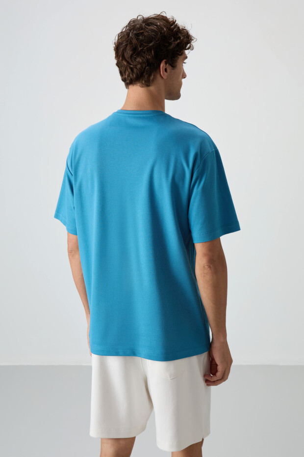 Petrol Mavi Pamuklu Kalın Yüzeyi Dokulu Oversize Fit Baskılı Erkek T-Shirt - 88366 - 5