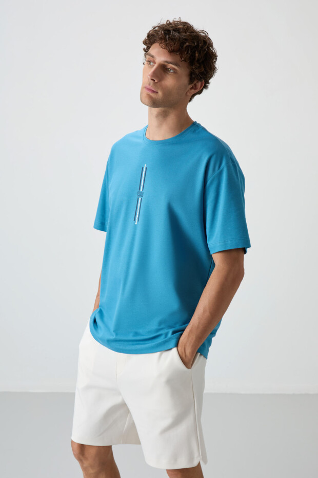 Petrol Mavi Pamuklu Kalın Yüzeyi Dokulu Oversize Fit Baskılı Erkek T-Shirt - 88366 - 4