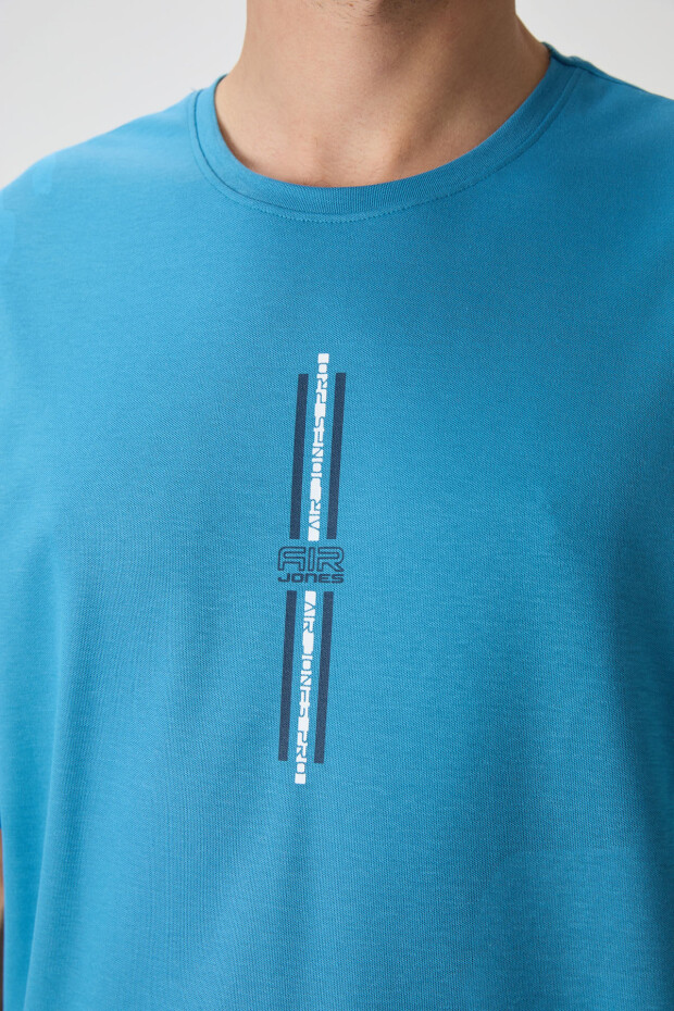 Petrol Mavi Pamuklu Kalın Yüzeyi Dokulu Oversize Fit Baskılı Erkek T-Shirt - 88366