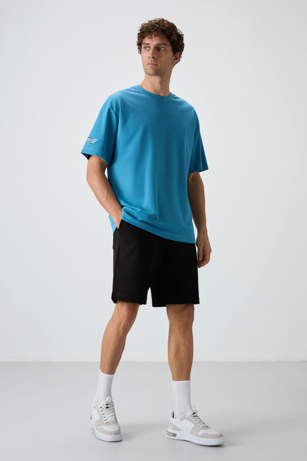 Petrol Mavi Pamuklu Kalın Yüzeyi Dokulu Oversize Fit Baskılı Erkek T-Shirt - 88369 - 2