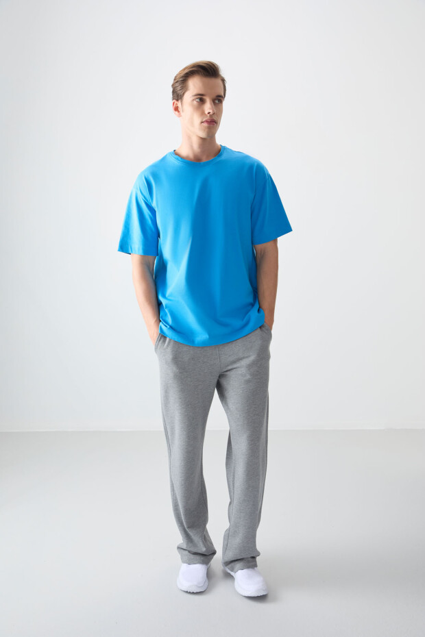 Petrol Mavi %100 Pamuk Kalın Yumuşak Dokulu Oversize Fit Basic Erkek T-Shirt - 88353 - 5