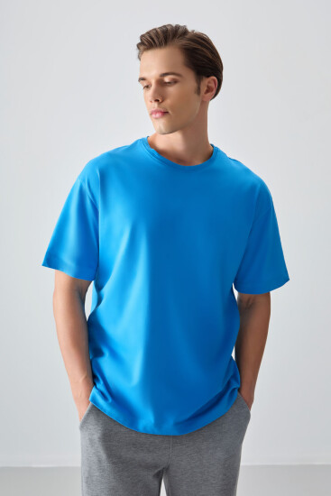 Petrol Mavi %100 Pamuk Kalın Yumuşak Dokulu Oversize Fit Basic Erkek T-Shirt - 88353 - Thumbnail