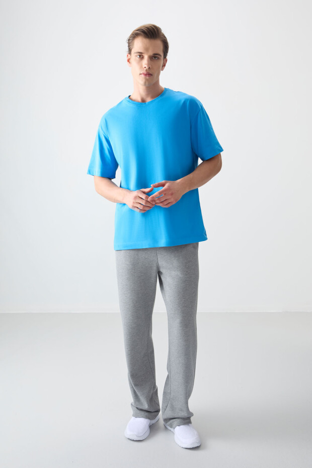Petrol Mavi %100 Pamuk Kalın Yumuşak Dokulu Oversize Fit Basic Erkek T-Shirt - 88353