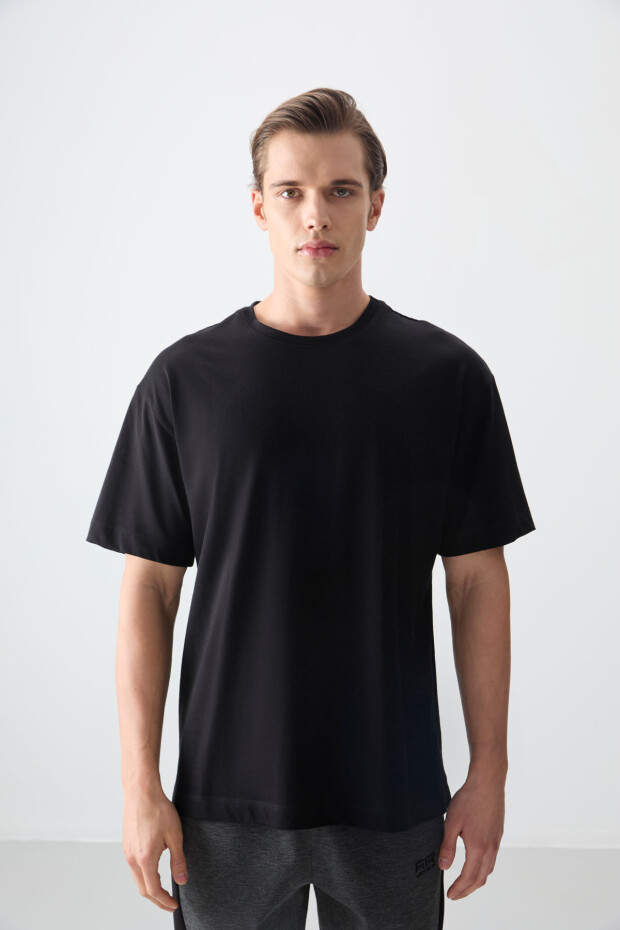 Siyah %100 Pamuk Kalın Yumuşak Dokulu Oversize Fit Basic Erkek T-Shirt - 88353 - 6