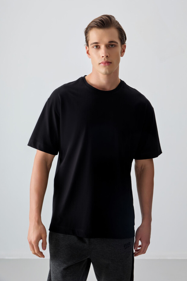 Siyah %100 Pamuk Kalın Yumuşak Dokulu Oversize Fit Basic Erkek T-Shirt - 88353