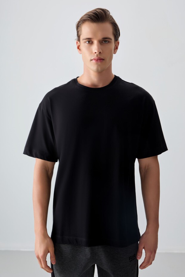 Siyah %100 Pamuk Kalın Yumuşak Dokulu Oversize Fit Basic Erkek T-Shirt - 88353