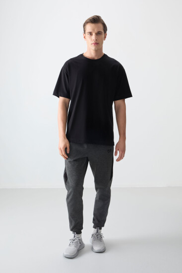 Siyah %100 Pamuk Kalın Yumuşak Dokulu Oversize Fit Basic Erkek T-Shirt - 88353 - Thumbnail