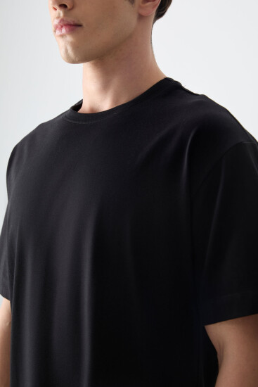 Siyah %100 Pamuk Kalın Yumuşak Dokulu Oversize Fit Basic Erkek T-Shirt - 88353 - Thumbnail