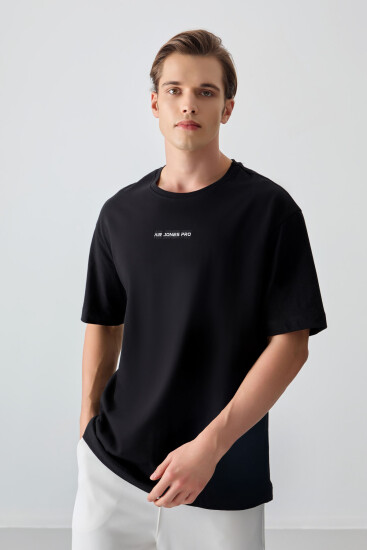 Siyah %100 Pamuk Kalın Yumuşak Dokulu Oversize Fit Baskılı Erkek T-Shirt - 88354 