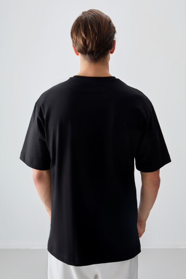 Siyah %100 Pamuk Kalın Yumuşak Dokulu Oversize Fit Baskılı Erkek T-Shirt - 88354 - Thumbnail