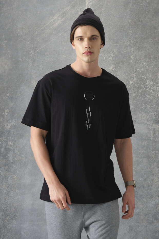 Siyah %100 Pamuk Kalın Yumuşak Dokulu Oversize Fit Baskılı Erkek T-Shirt - 88355 - 1