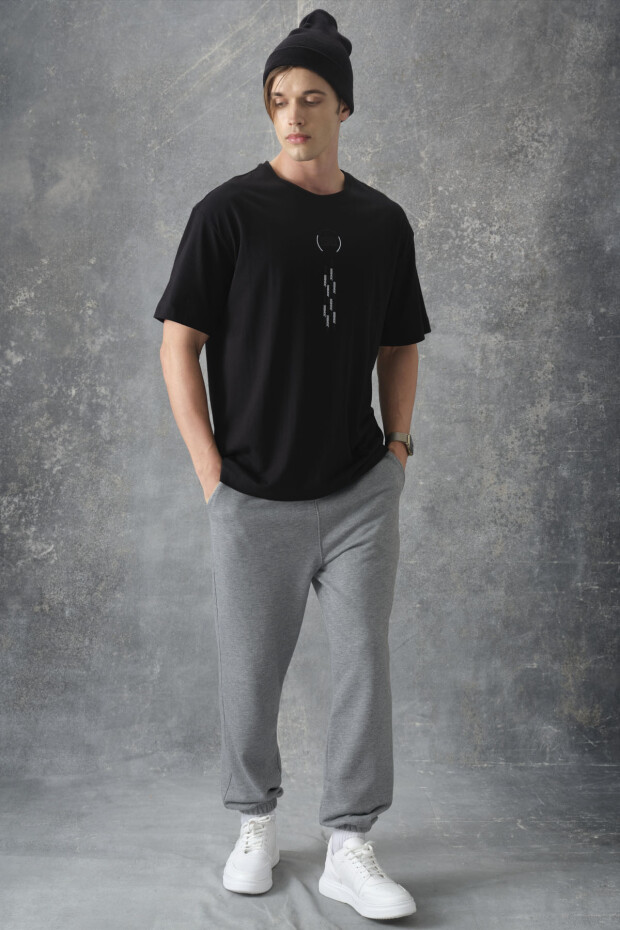 Siyah %100 Pamuk Kalın Yumuşak Dokulu Oversize Fit Baskılı Erkek T-Shirt - 88355 - 3