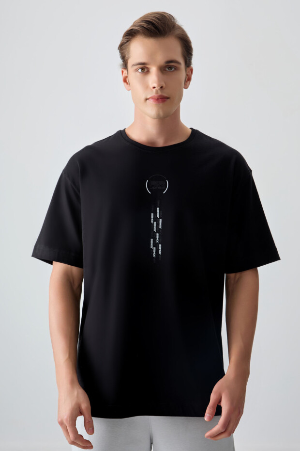 Siyah %100 Pamuk Kalın Yumuşak Dokulu Oversize Fit Baskılı Erkek T-Shirt - 88355