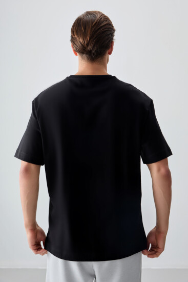 Siyah %100 Pamuk Kalın Yumuşak Dokulu Oversize Fit Baskılı Erkek T-Shirt - 88355 - Thumbnail