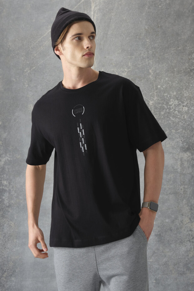 Siyah %100 Pamuk Kalın Yumuşak Dokulu Oversize Fit Baskılı Erkek T-Shirt - 88355
