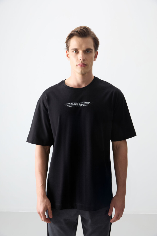 Siyah %100 Pamuk Kalın Yumuşak Dokulu Oversize Fit Baskılı Erkek T-Shirt - 88356 - 4