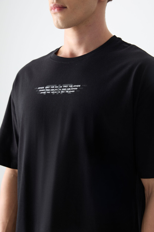 Siyah %100 Pamuk Kalın Yumuşak Dokulu Oversize Fit Baskılı Erkek T-Shirt - 88356 - 3