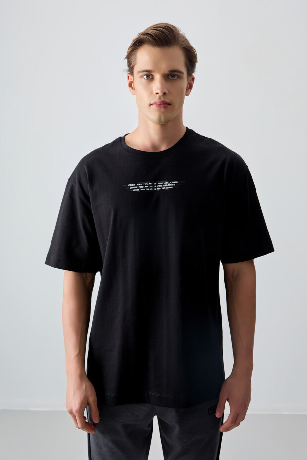 Siyah %100 Pamuk Kalın Yumuşak Dokulu Oversize Fit Baskılı Erkek T-Shirt - 88356