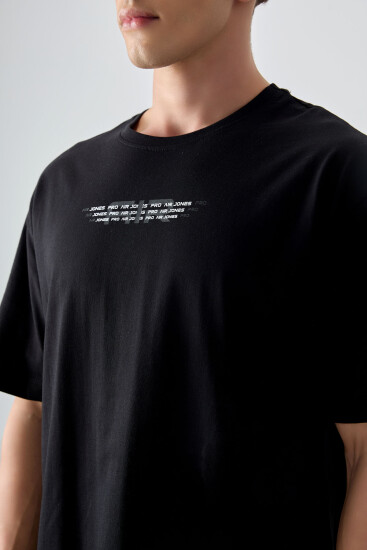 Siyah %100 Pamuk Kalın Yumuşak Dokulu Oversize Fit Baskılı Erkek T-Shirt - 88356 - Thumbnail