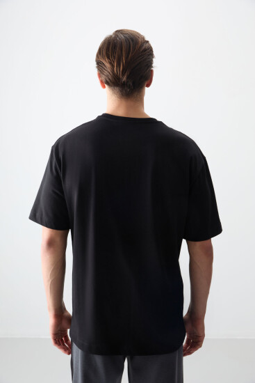 Siyah %100 Pamuk Kalın Yumuşak Dokulu Oversize Fit Baskılı Erkek T-Shirt - 88356 - Thumbnail