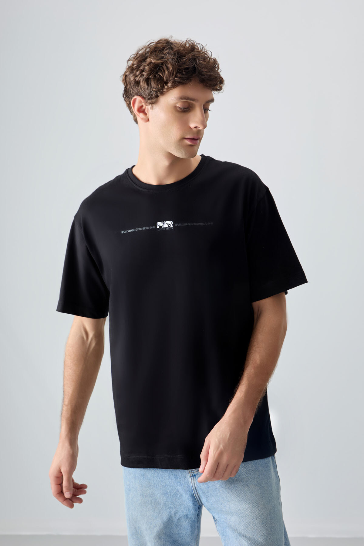 Siyah %100 Pamuk Kalın Yumuşak Dokulu Oversize Fit Baskılı Erkek T-Shirt - 88357 - Air Jones