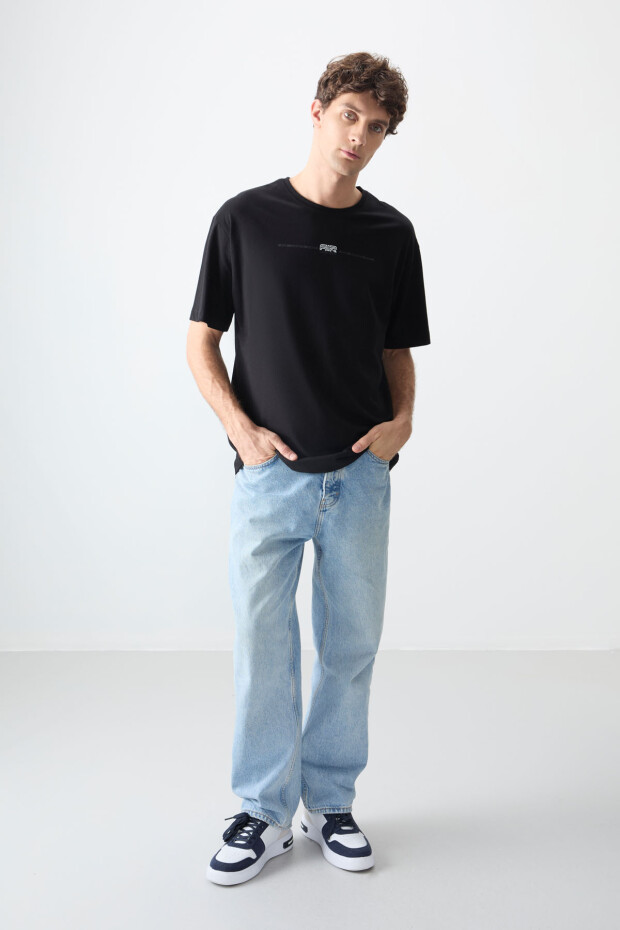 Siyah %100 Pamuk Kalın Yumuşak Dokulu Oversize Fit Baskılı Erkek T-Shirt - 88357 - 2