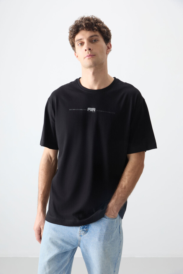 Siyah %100 Pamuk Kalın Yumuşak Dokulu Oversize Fit Baskılı Erkek T-Shirt - 88357 - 4